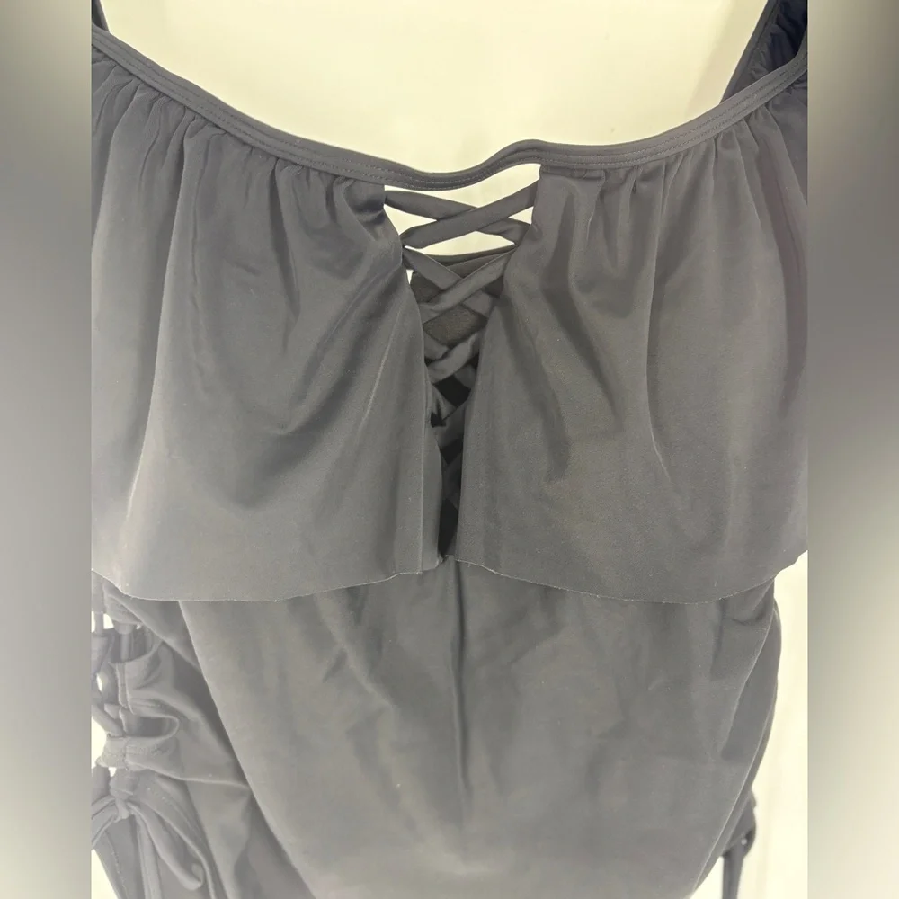 Rue+ Black Lace-Up Sides & Criss-Cross Front  One-Piece Bathing Swimsuit- 1X - Picture 2 of 5